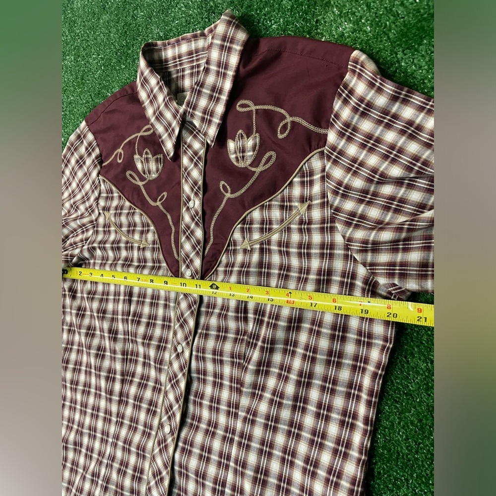 ROPERS WESTERN COWGIRL SNAP WINE CREAM TAN SMALL SCALE PLAID SIZE L-XL - Picture 3 of 11